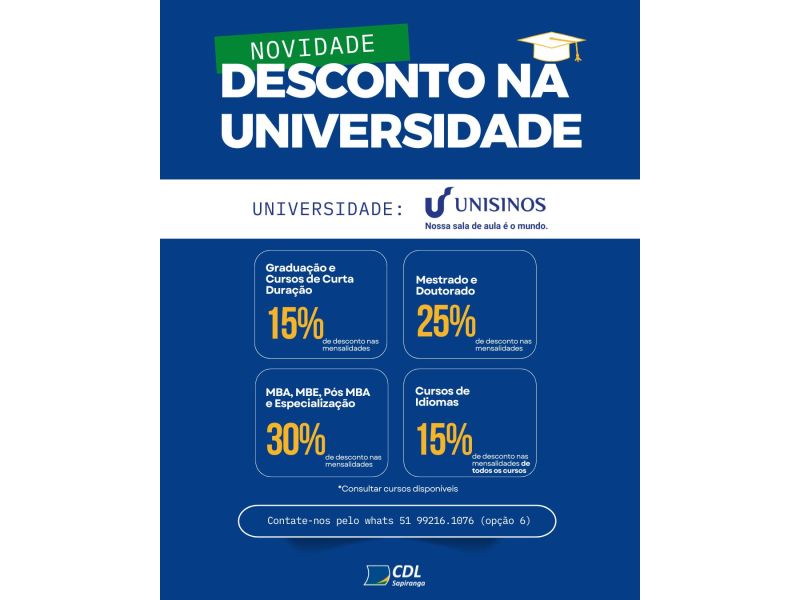 CDL Sapiranga firma parceria com Unisinos e oferece até 30% de desconto em cursos universitários